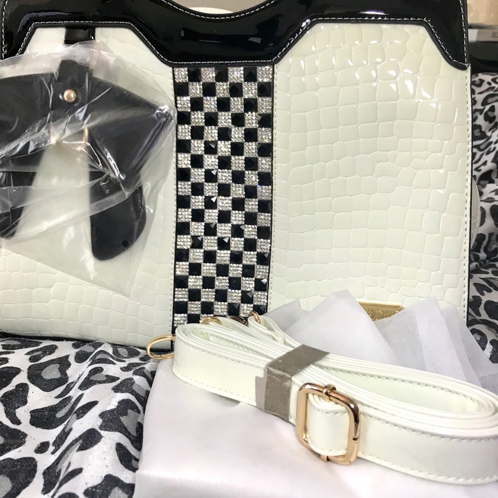 Patent Embossed Rhinestone Handbag - Picture 4 of 8